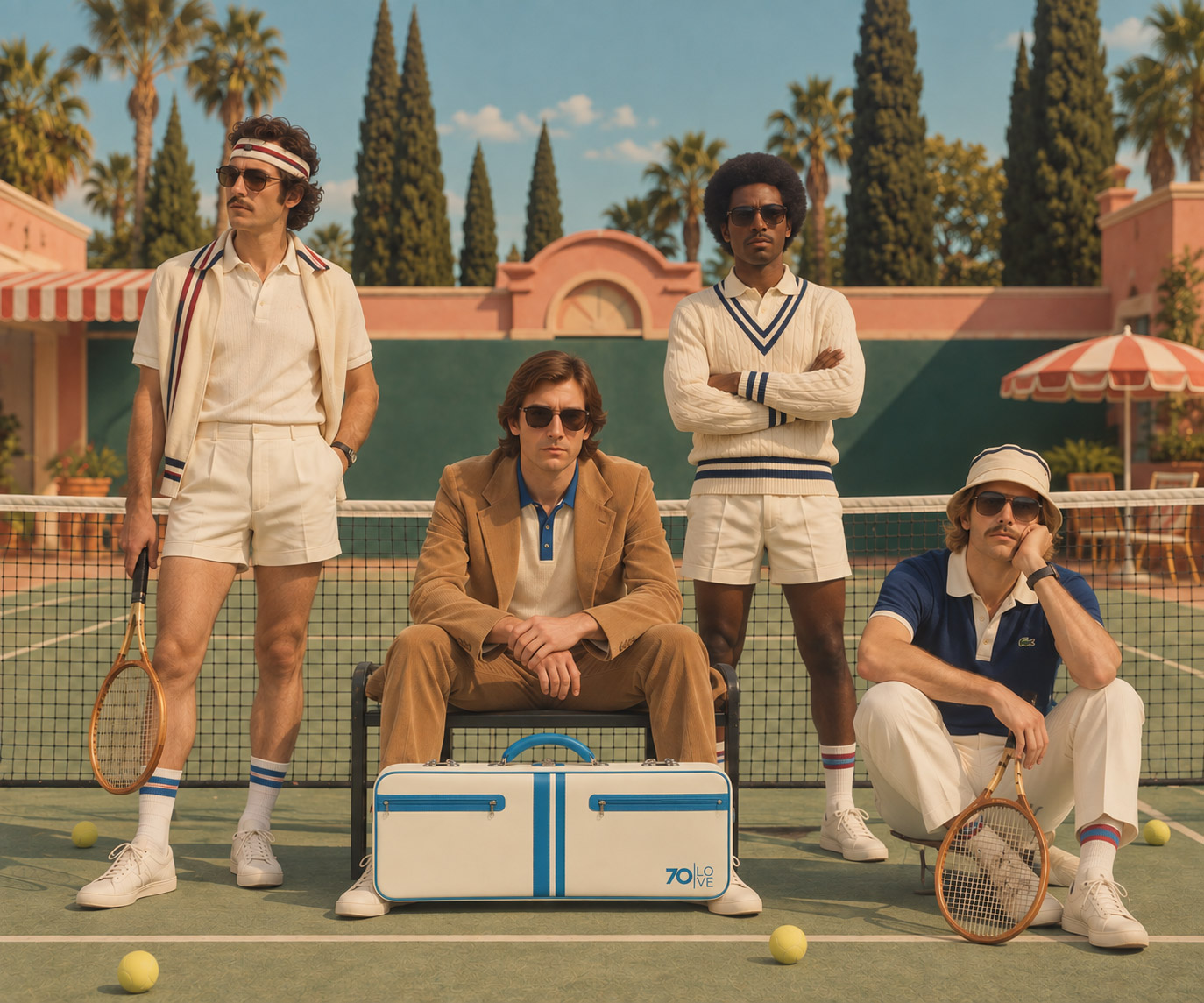 Spielerin mit dem grünen Tenniskoffer Jim vor dem Eingang eines Tennisclubs