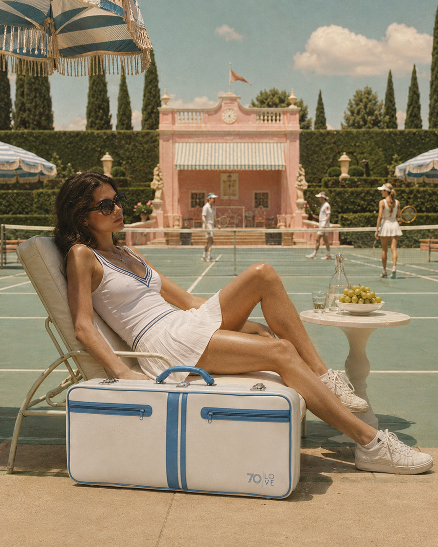 Spielerin mit dem blauen Tenniskoffer Jim an einer Balustrade über einem Tennisplatz